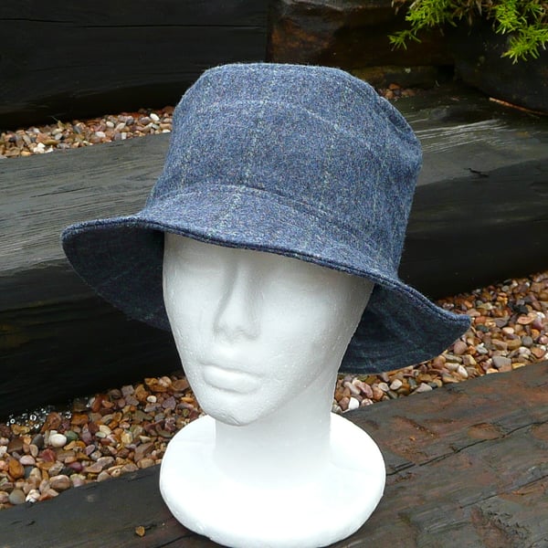Bucket hat denim blue waxed wool tweed unisex hat winter hat