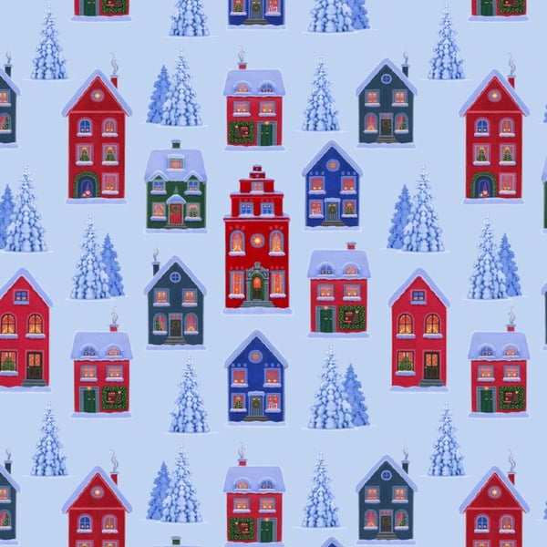 0.5m Tomtens Village on Blue Lewis and Irene 100% Cotton Fabric 112cm wide