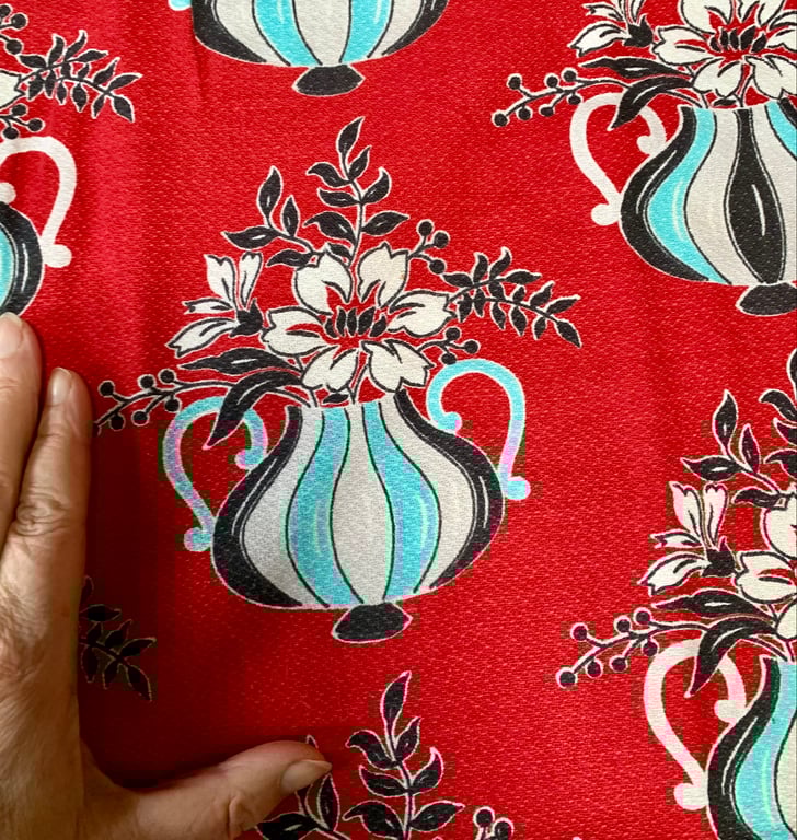 Iconic RARE Mid Century FLower Vases RED 50s Barkcloth Vintage Fabric for sale