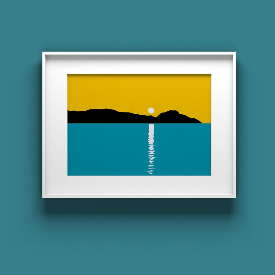 A3 Mountain lake print, Blue Scandinavian print, navy blue art prints,