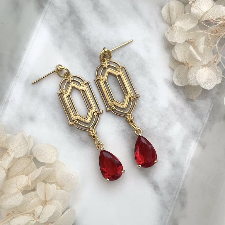 Vintage Style Antique Gold and Red Glass Crystal Drop Earrings