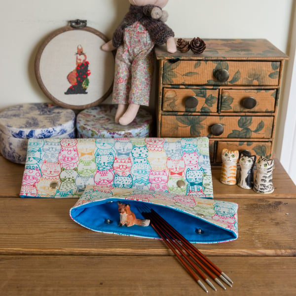 Cosy or holder for double points in colourful cat print in choice of sizes