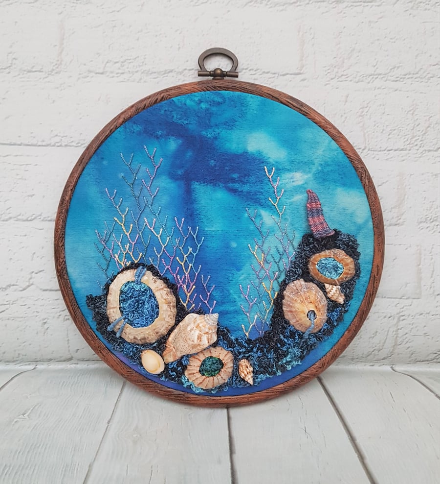 Seascape Under Sea Hand Embroidery Hoop with Shells
