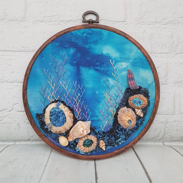 Seascape Under Sea Hand Embroidery Hoop with Shells