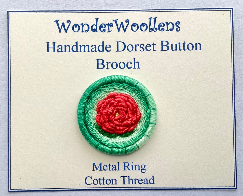 Red Rose Dorset Button Brooch, 3.5cm Red Flower Pin, Cotton Thread, Brass Ring 