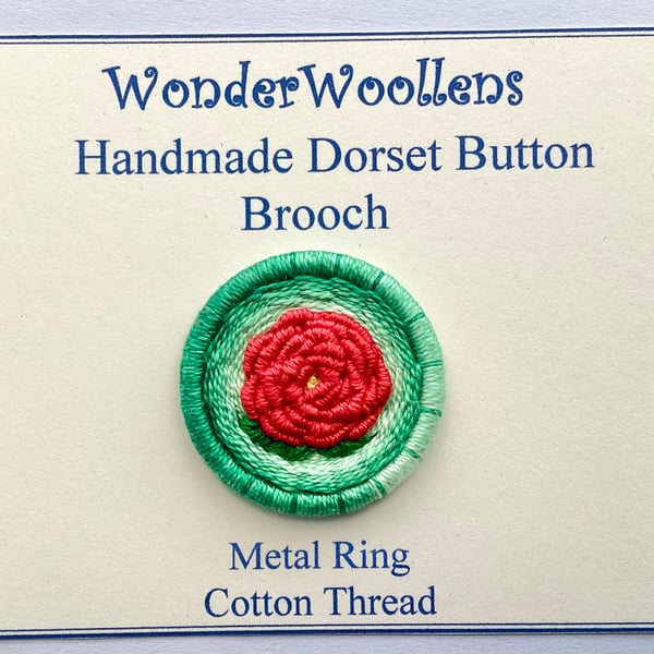 Red Rose Dorset Button Brooch, 3.5cm Red Flower Pin, Cotton Thread, Brass Ring 