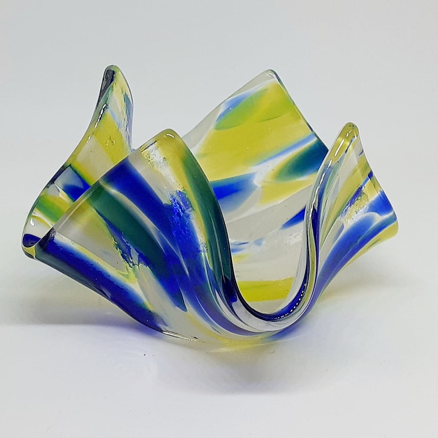 Fused glass tea light holder, streaky blue and yellow