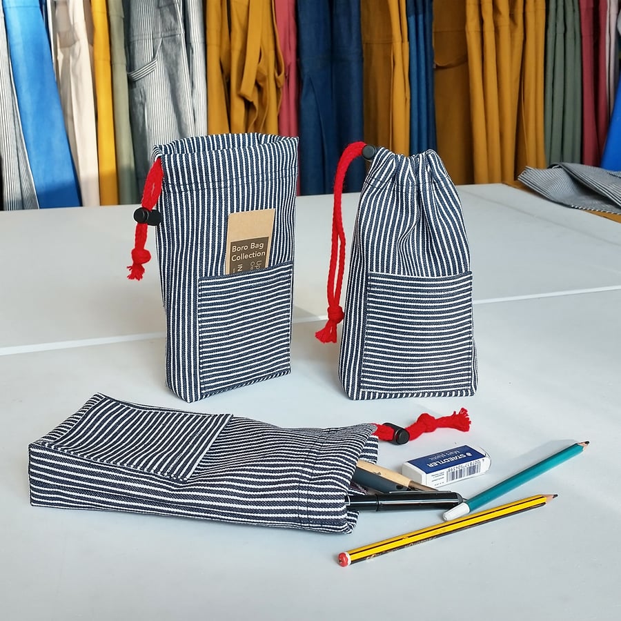 Stripe Denim Drawstring Bag for Tools, Phone, Small Storage. 004