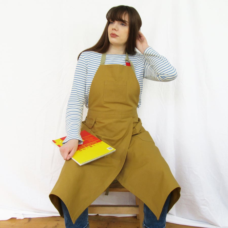 Potters Apron with Split Leg, 3 Pockets, Tough Ochre Cotton Canvas No14:3