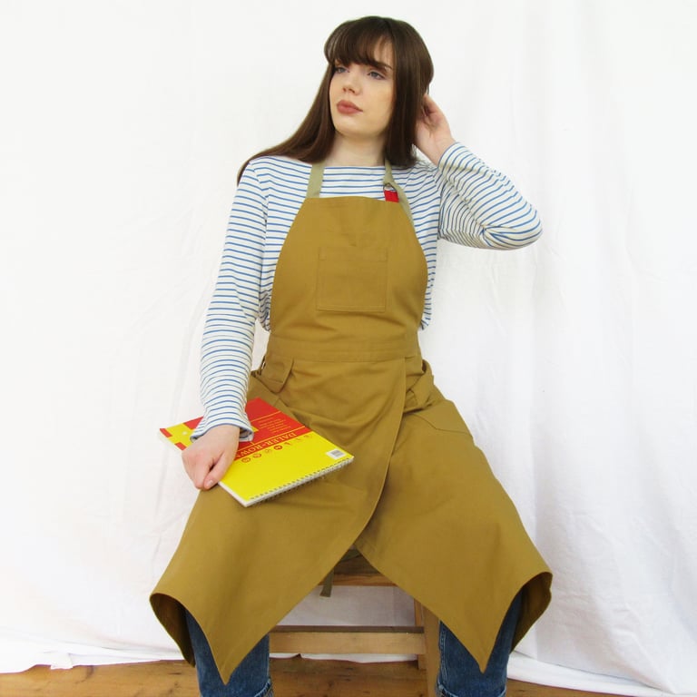 Potters Apron with Split Leg, 3 Pockets, Tough Ochre Cotton Canvas No14:3