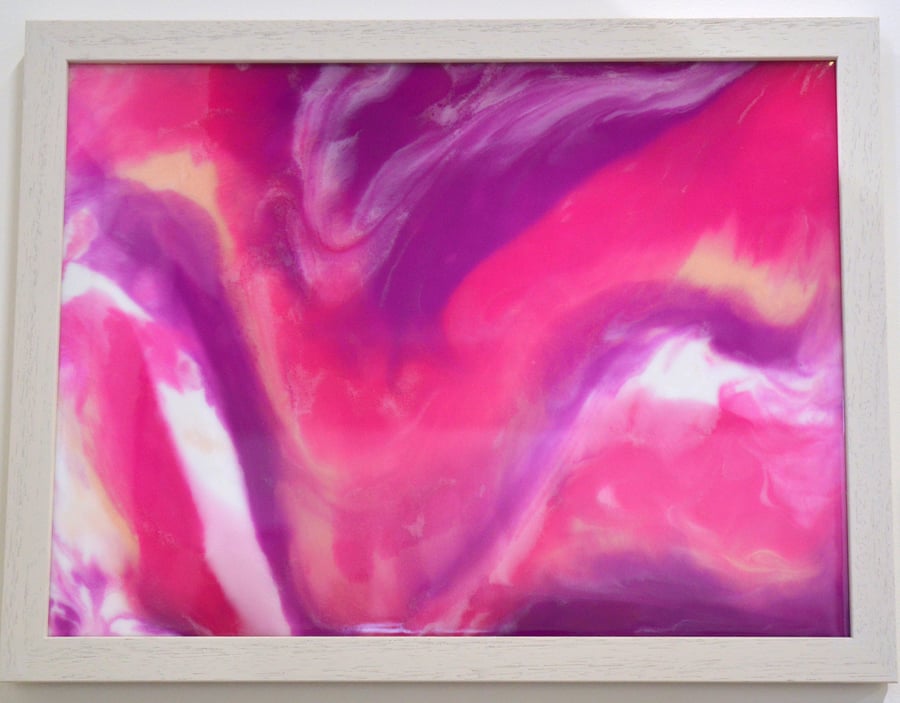 "Pink and White Abstract 1" in acrylic ink and resin