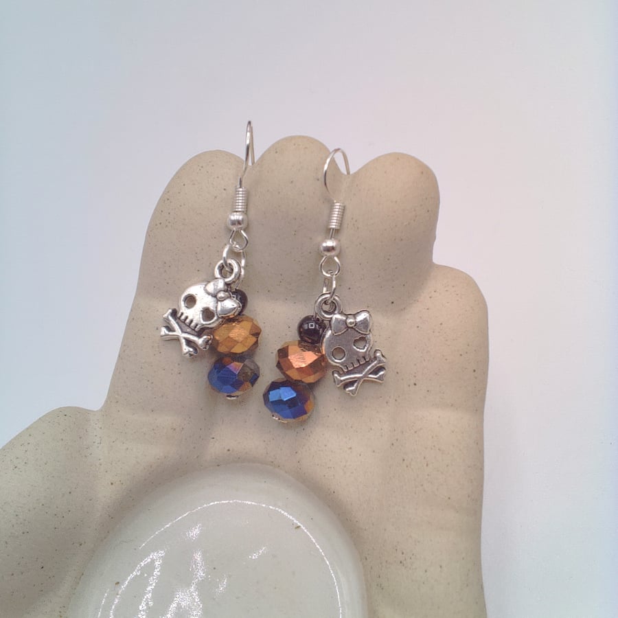 Halloween Cute Skull and Crossbones and Blue and Gold Crystals, Gift for Her