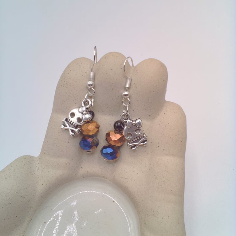 Halloween Cute Skull and Crossbones and Blue and Gold Crystals, Gift for Her
