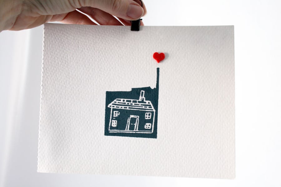 Heart and home lino cut print - grey house with red felt heart-house print art