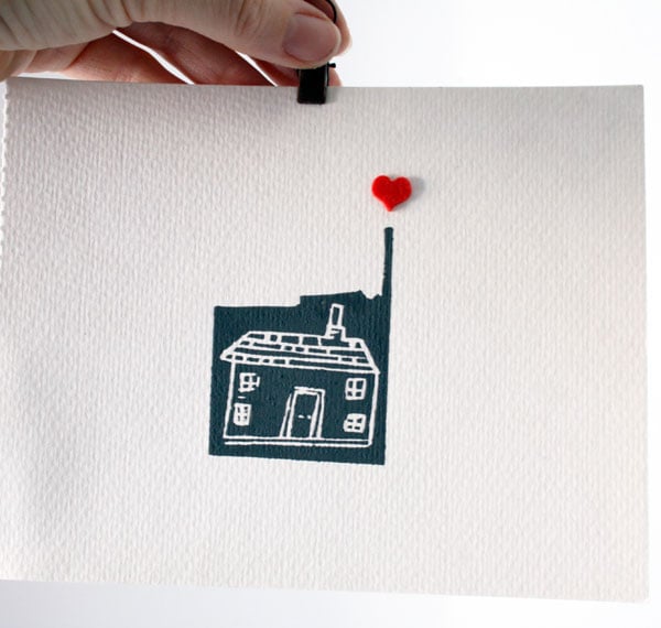 Heart and home lino cut print - grey house with red felt heart-house print art