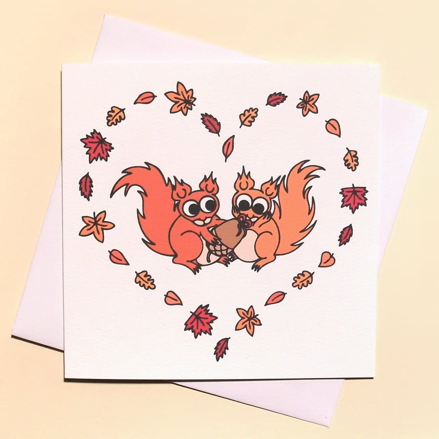Red Squirrel Love Card - squirrels in heart of autumn leaves, blank inside Q-LSQ