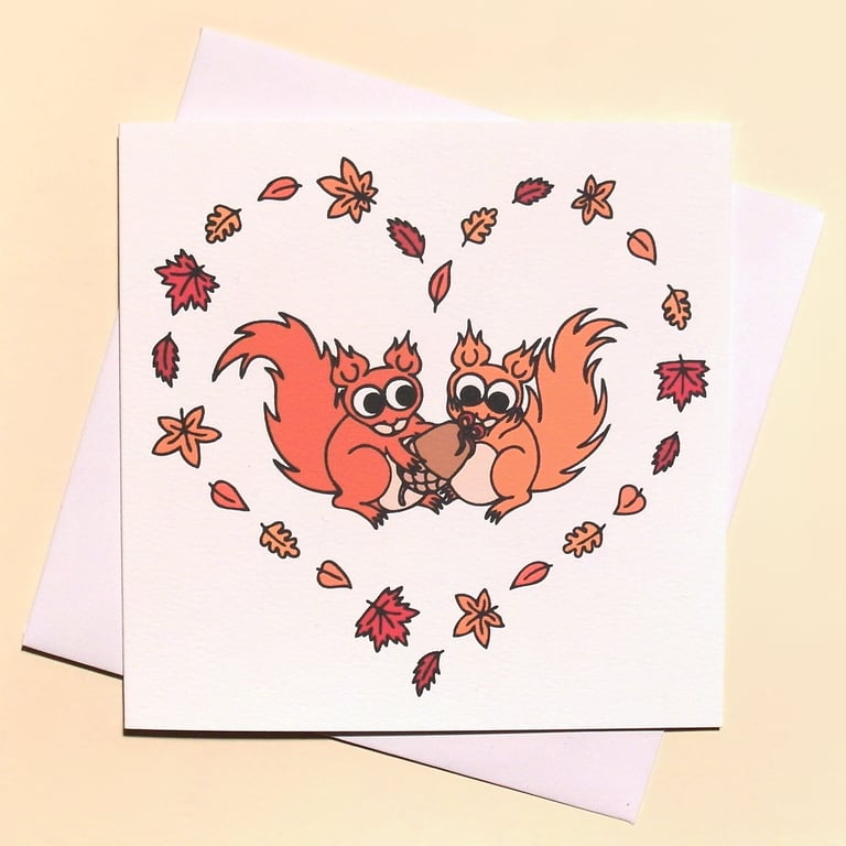 Red Squirrel Love Card - squirrels in heart of leaves, anniversary card Q-LSQ