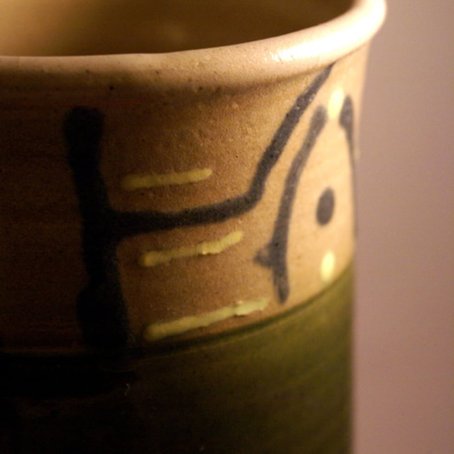 Tall Aztec inspired vase in forest green - handthrown stoneware pottery
