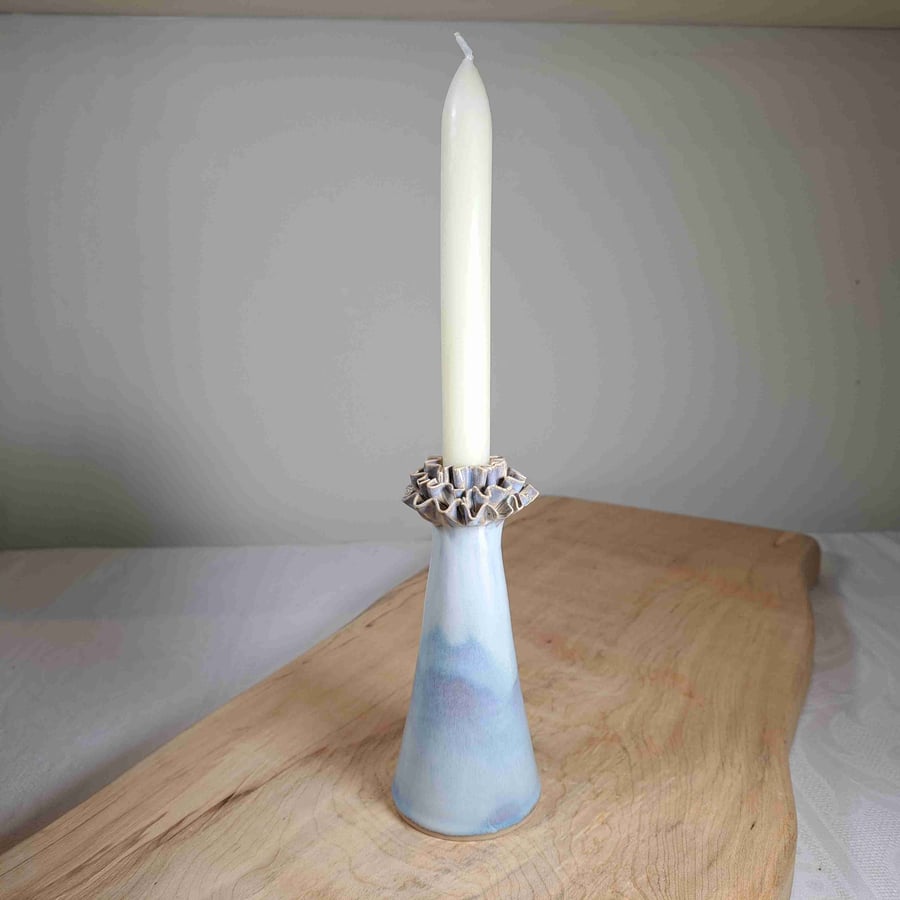 HAND MADE CERAMIC CANDLE STICK - with a frill and glazed in off white