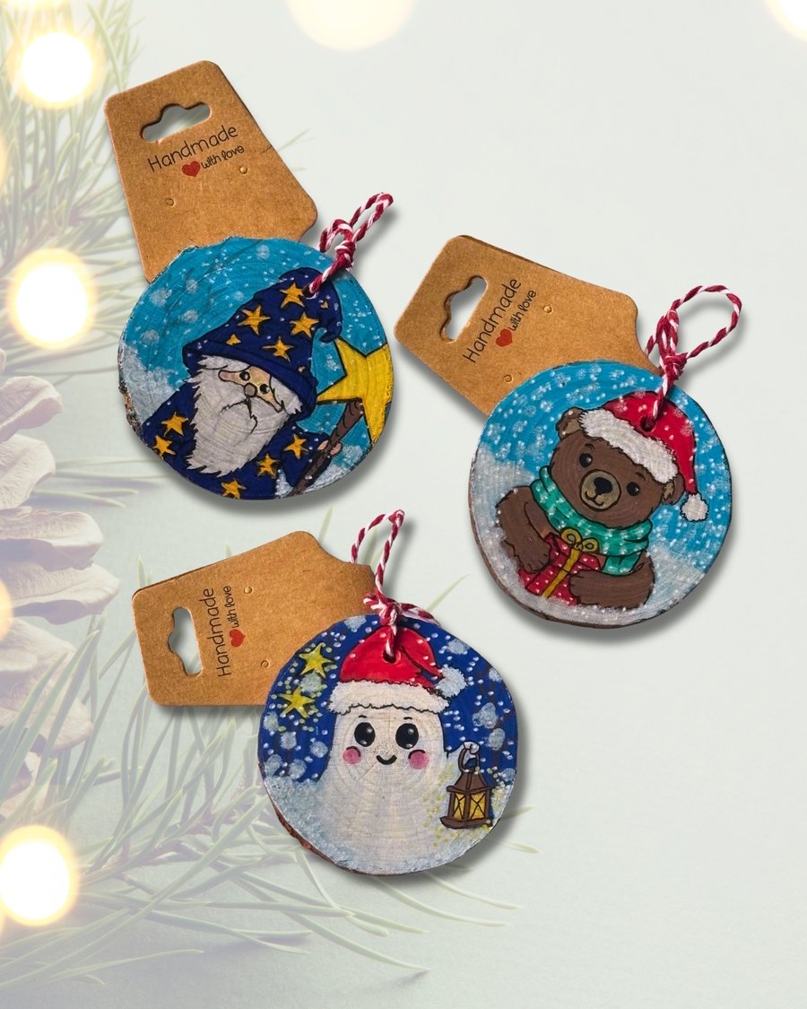 Hand Painted Natural wood Decorations - Little Christmas Hero's Collection