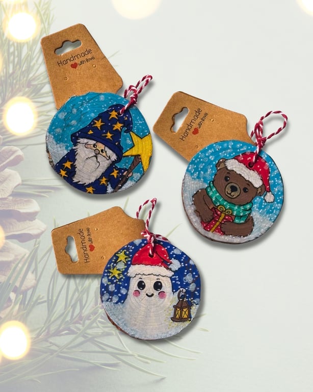 Hand Painted Natural wood Decorations - Little Christmas Hero's Collection