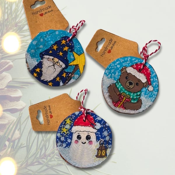 Hand Painted Natural wood Decorations - Little Christmas Hero's Collection