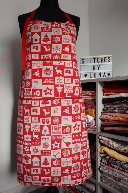 Handmade Red Patchwork Print Christmas Apron, Cotton Canvas, Unisex Apron