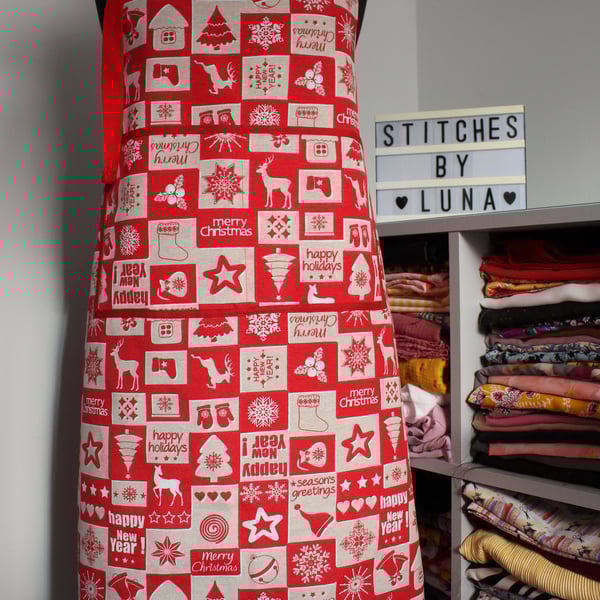 Handmade Red Patchwork Print Christmas Apron, Cotton Canvas, Unisex Apron