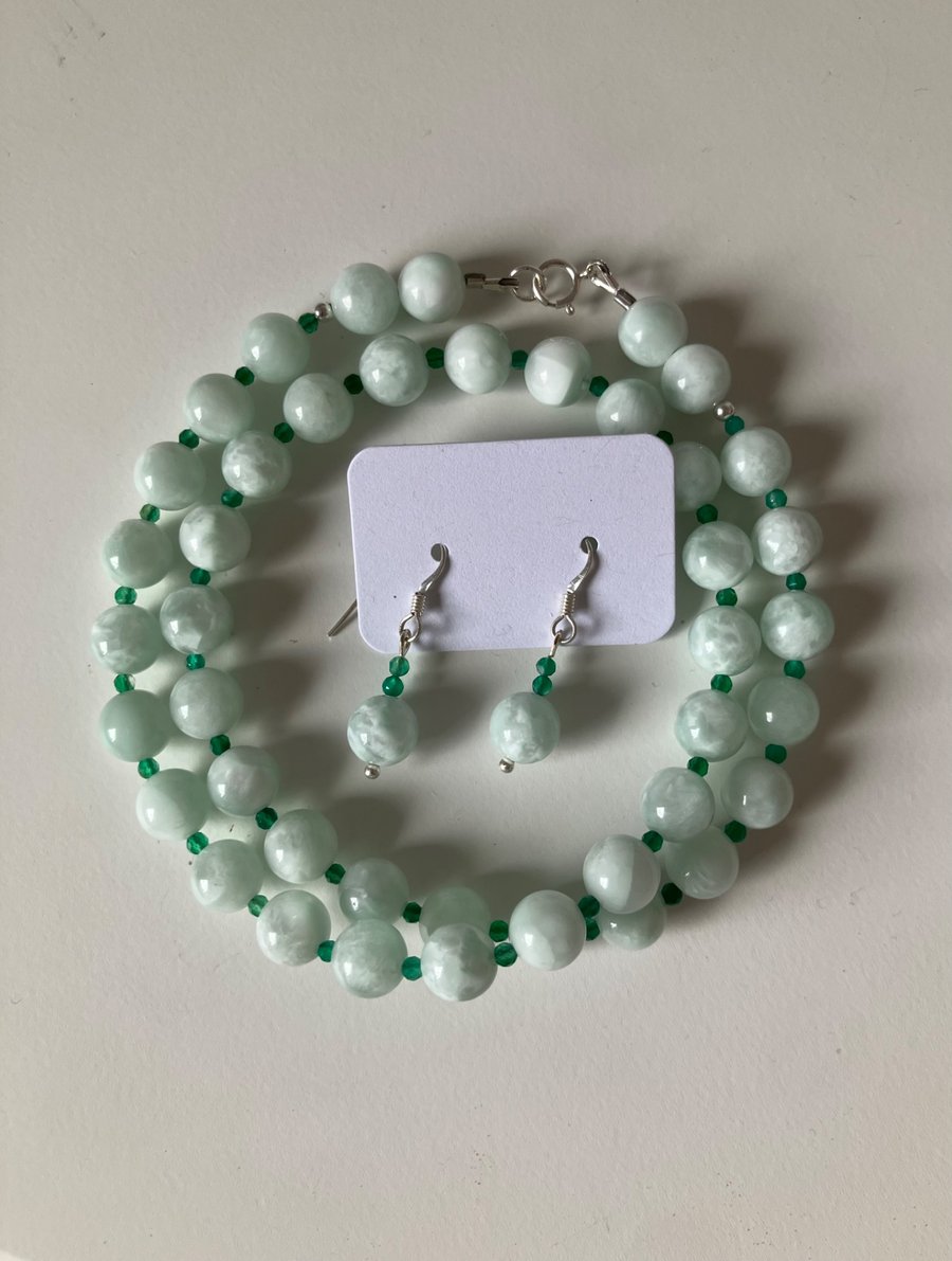 Faceted Green Onyx & Angelite Silver Necklace Set plus Free Earrings