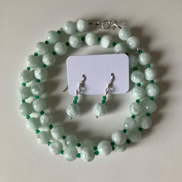 Faceted Green Onyx & Angelite Silver Necklace Set plus Free Earrings