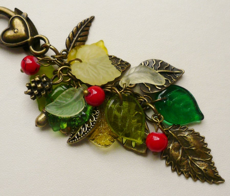 Handbag Charm Green and Red Antique Bronze Leaf Berry Themed   KCJ943