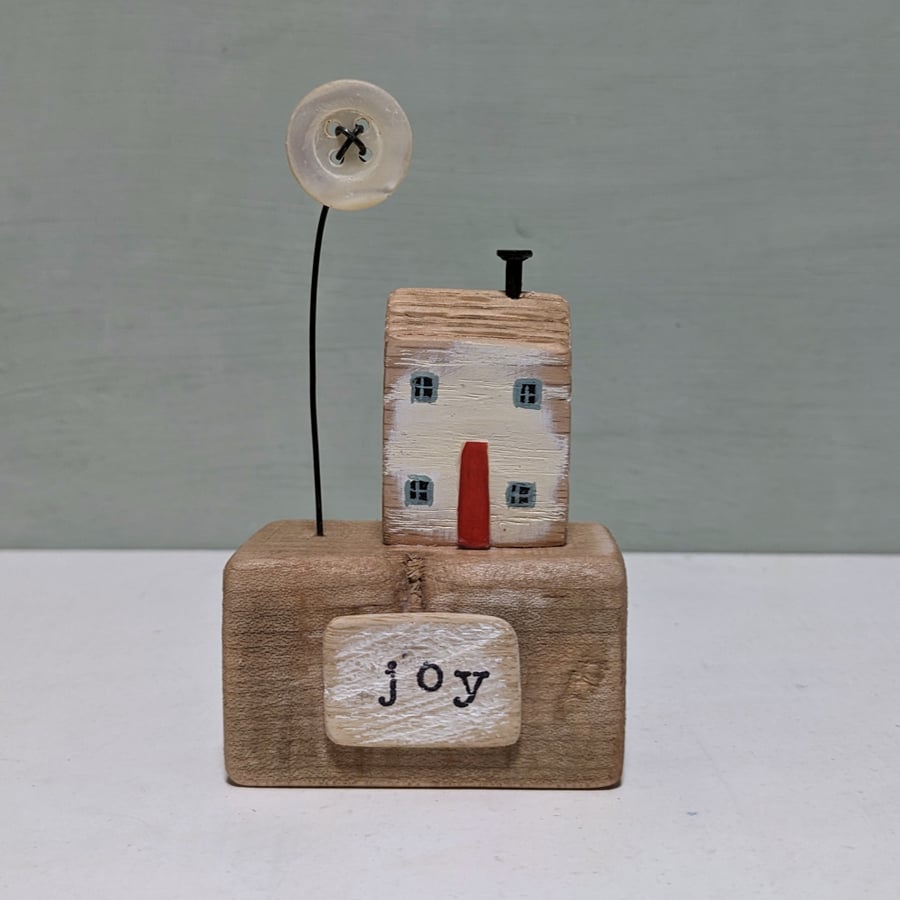 Little Wooden Christmas Cottage with Pearl Button Moon 'joy'