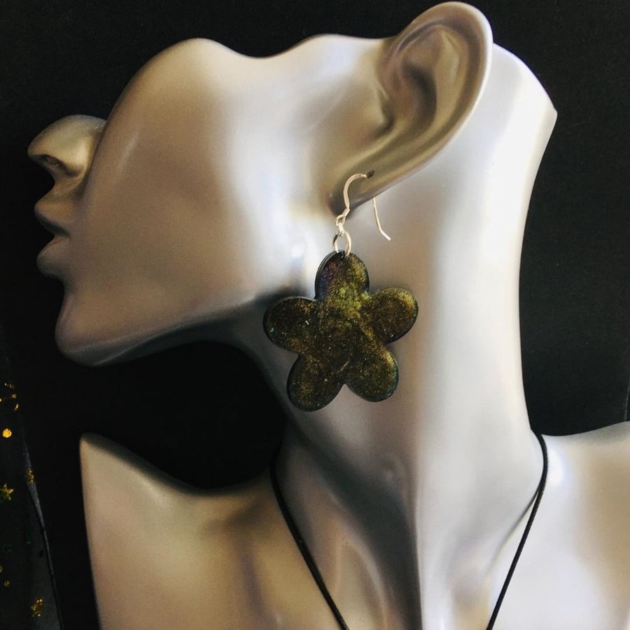 Dark shimmer flower earrings on sterling silver ear wires