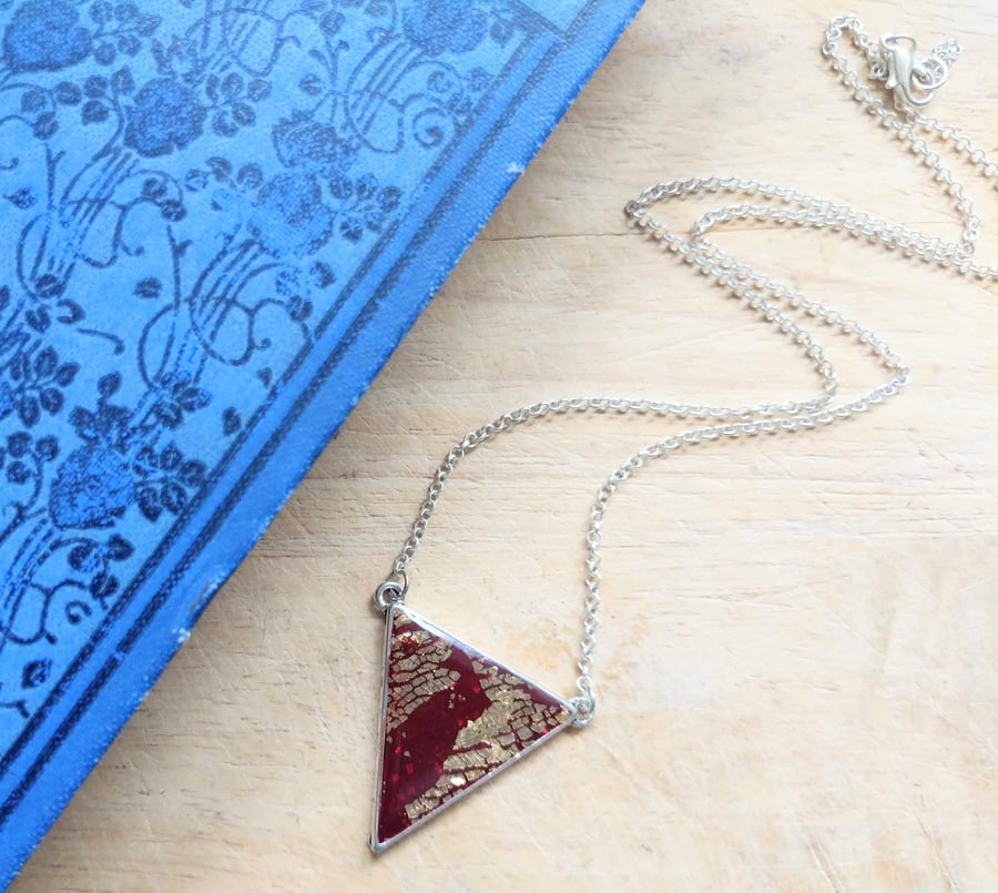 SALE Unique burgundy red and gold triangle pendant