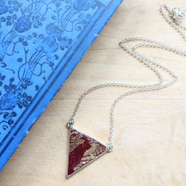 SALE Unique burgundy red and gold triangle pendant