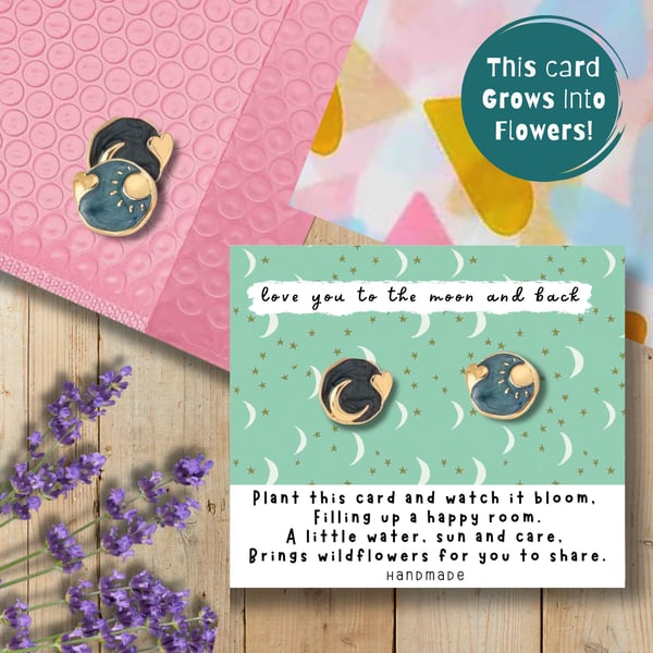 Sun & Moon Earring Set on a Plantable Card, Personalised Gift For Mum, Friend