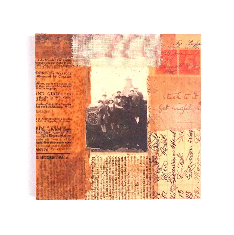 Original Paper & Fabric Collage on Wood Panel, 14.8cms, Free UK Postage (197)