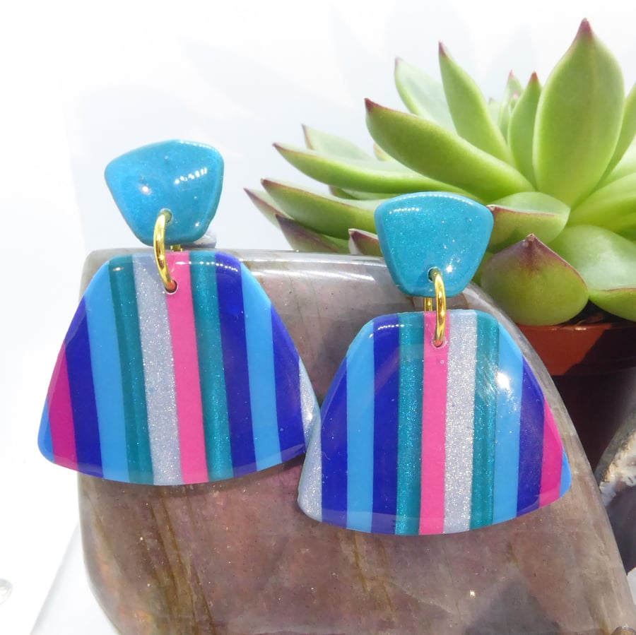 Blue, Pink and Turquoise Striped Polymer Clay Statement Earrings 