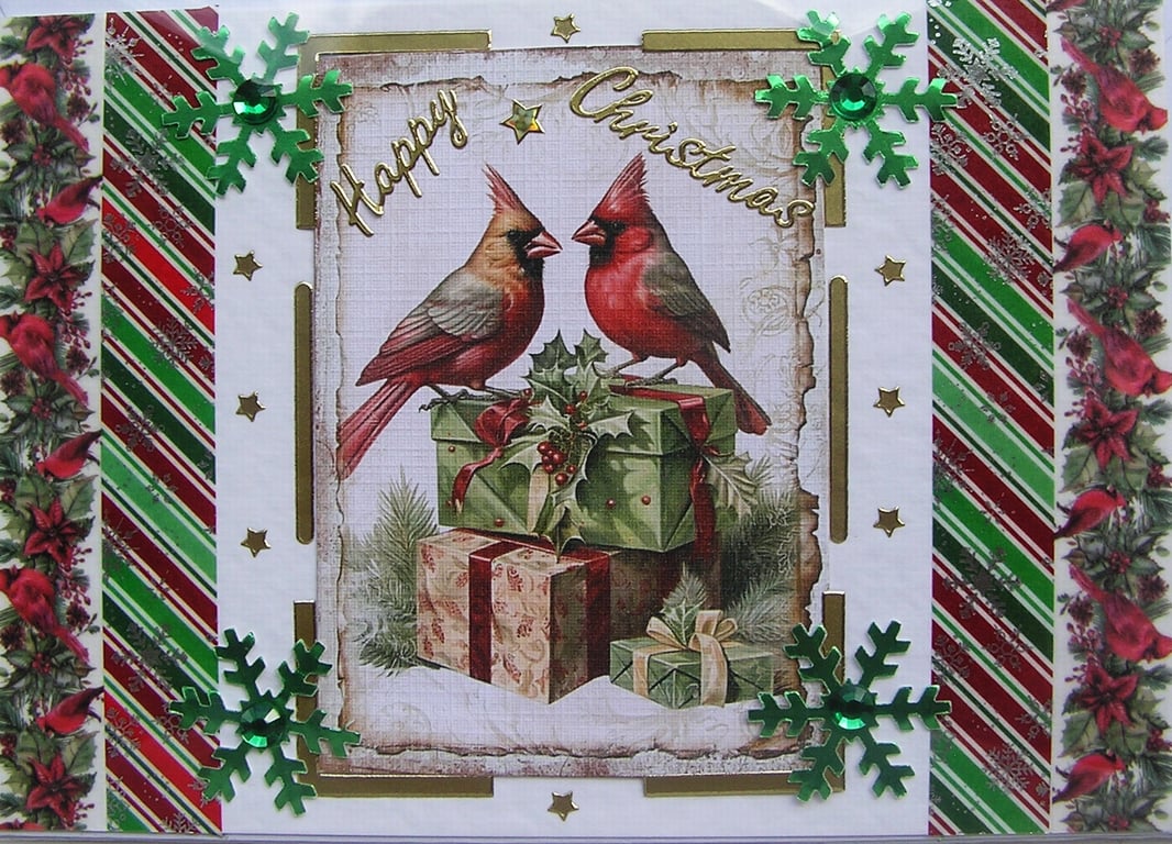 Hand Crafted Decoupage Chistmas Card - Happy Christmas (2962) Red Cardinal Birds