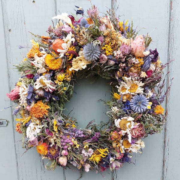 Dried Flower Multicoloured Wreath. 28cm Diameter. Handmade. 