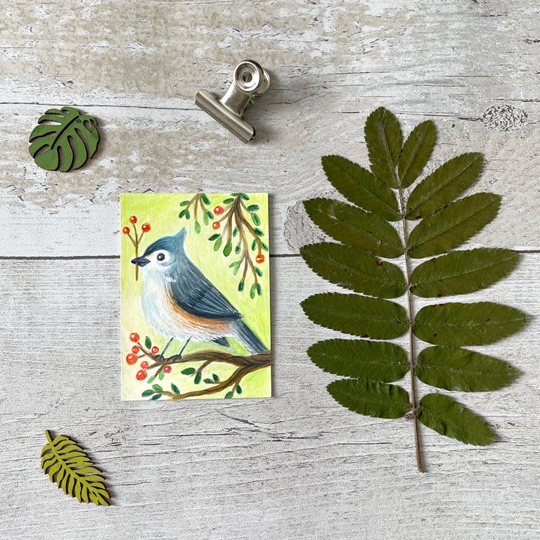 Tufted Titmouse Miniature Original ACEO painting - One of a kind