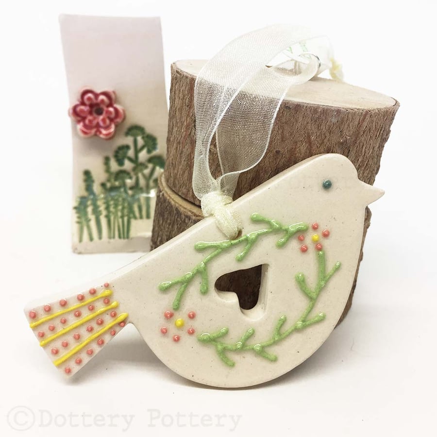 Ceramic folk art  bird decoration Pottery bird primitive art