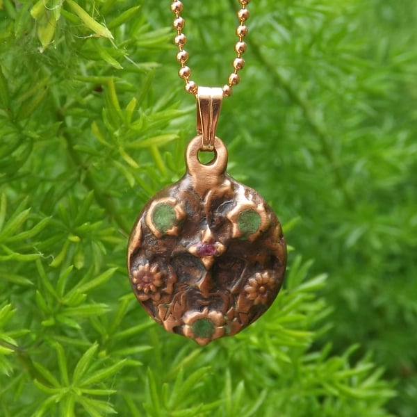 Recycled Copper Green Man Pendant Necklace.