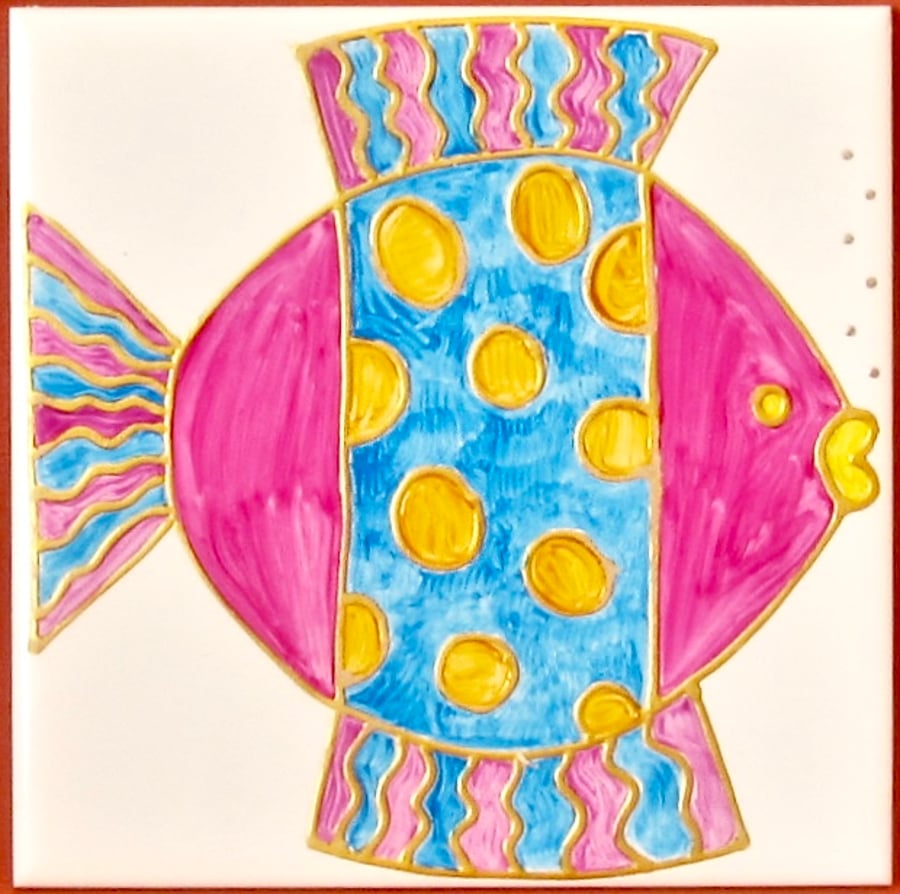 Hand Painted Pink Flat Fish, 15cm square ceramic tile