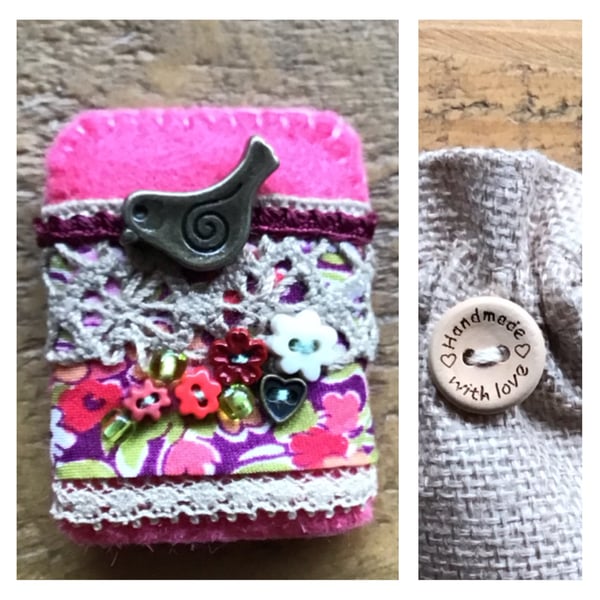 Brooch. Liberty fabric, lace, felt and bird charm.