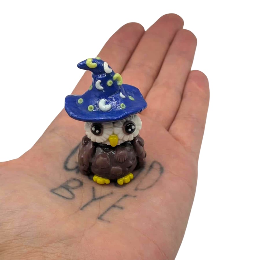 Wizard Owl Ooak Sculpture Small Unique Polymer Clay Figurine Collectible 