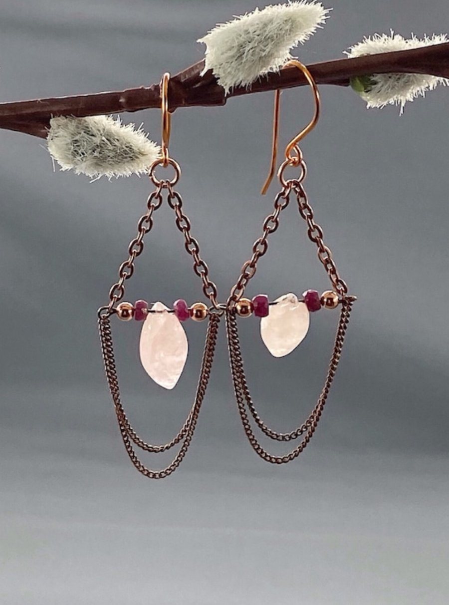 Elegant Ruby & Morganite Chandelier Earrings with Copper