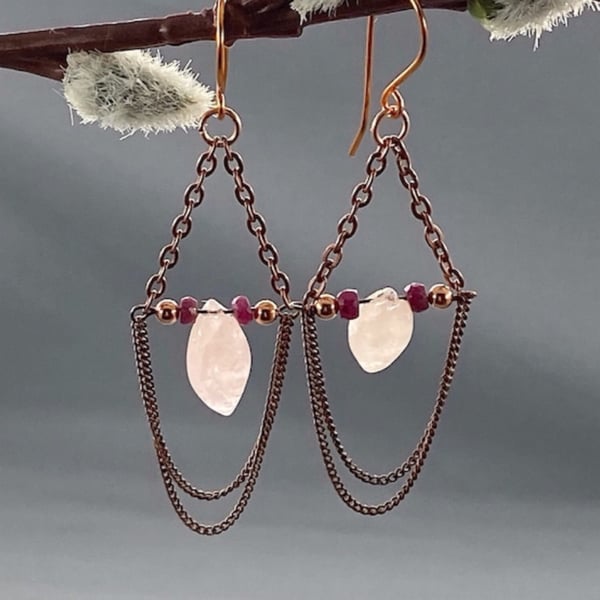 Elegant Ruby & Morganite Chandelier Earrings with Copper