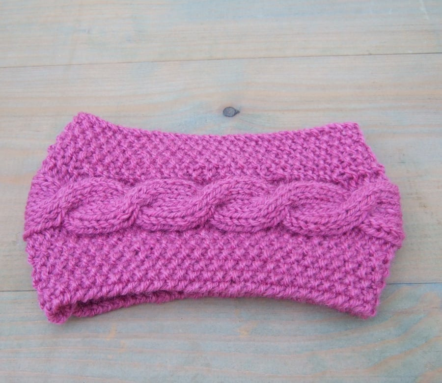 Pink Hand Knitted Headband, Aran Ear Warmers