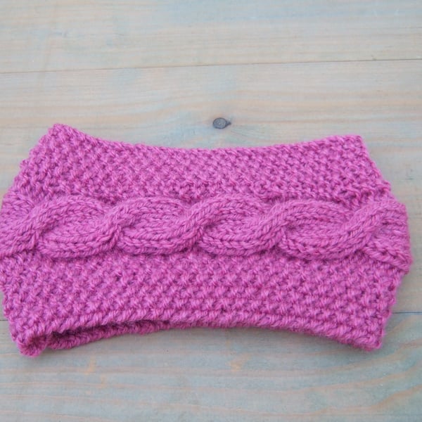 Pink Hand Knitted Headband, Aran Ear Warmers